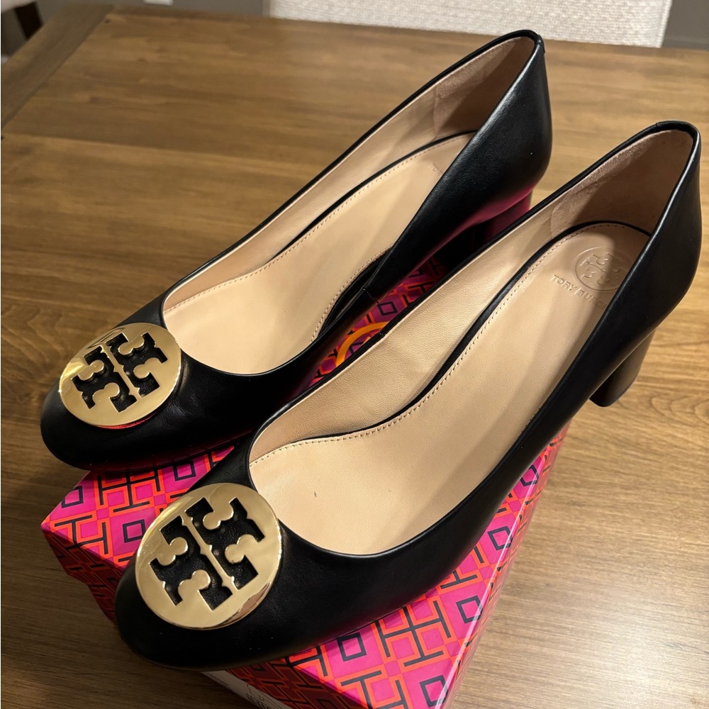 Tory Burch Black Heels with Gold Emblem